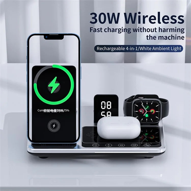 R11 Multifunctional 4 in 1 Wireless Charger Folding Portable Charging Station with Digital Display, White Light, Time Function ( Silver ) R11 Multifunctional 4 in 1 Wireless Charger Folding Portable Charging Station with Digital Display, White Light, Time Function ( Silver )